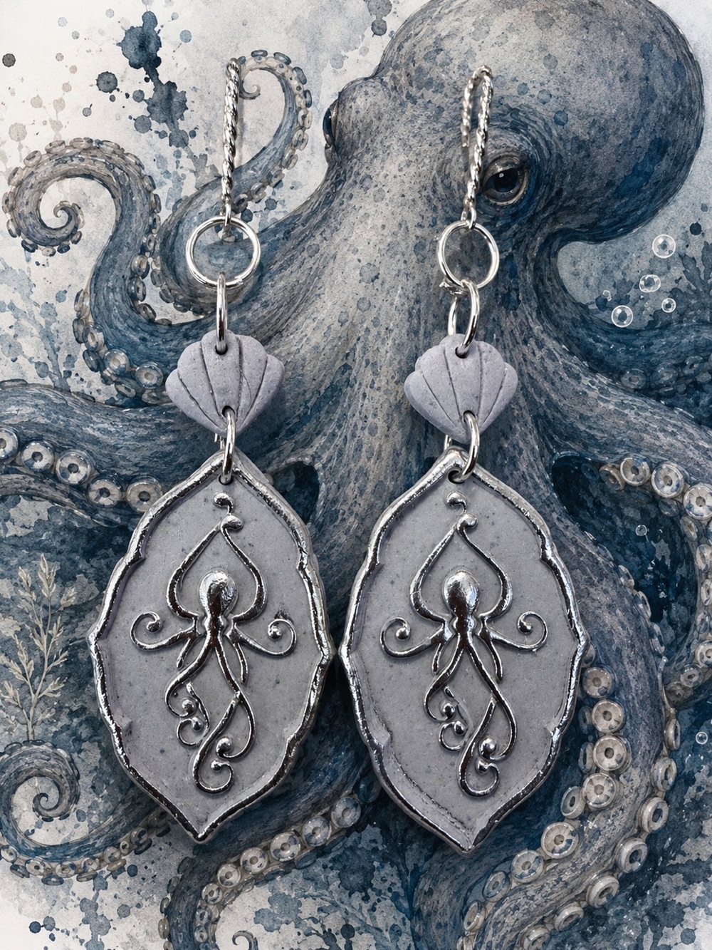 Silver-Tone Gray Octopus Drop Handmade Polymer Clay Earrings